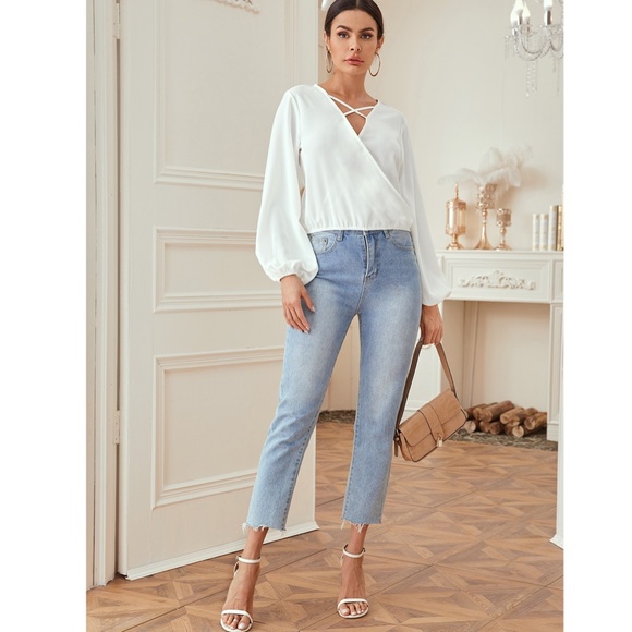 White Surplice Bishop Sleeve V-Neck Blouse - Picture 3 of 6